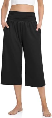 Women's Wide Leg Capri Yoga Pants with Pockets Black